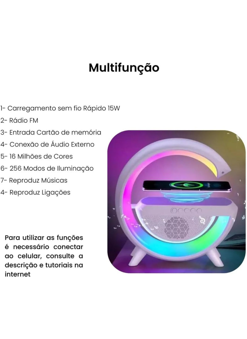 Carregador Luminaria e Caixa de Som , Carregagor Sem Fio 3 em 1 Alarme Luz RGB FASHION BOX